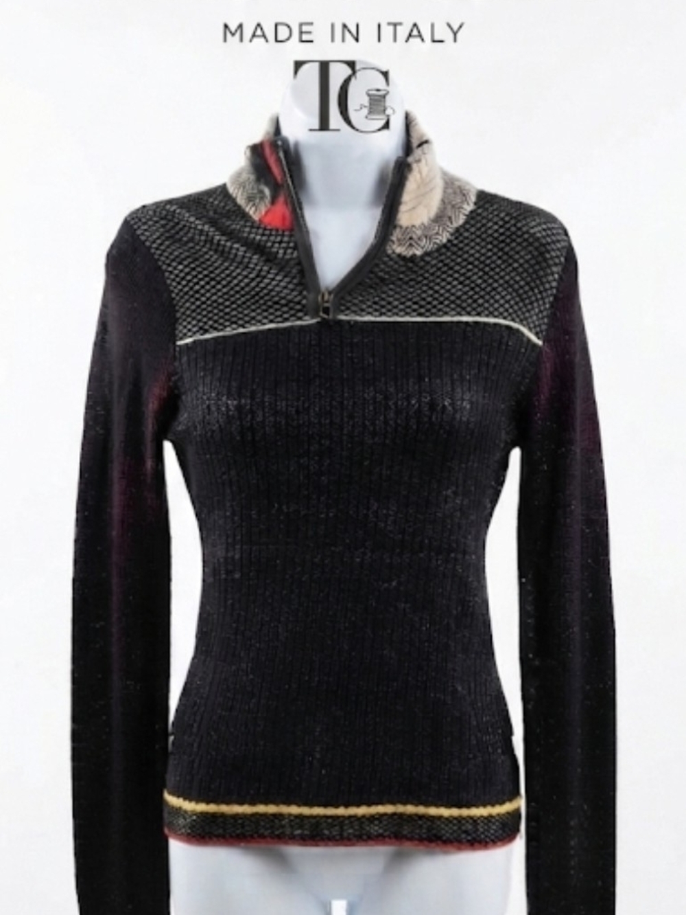 TC Black Ribbed Zip-Neck Sweater with Contrast Trim